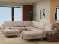 Deluxe Cloud 6-Seater Khaki Sofa Set | 8-Piece (Includes 2 Ottomans), Linen Look Poly Fabric, Washable Cushion Covers