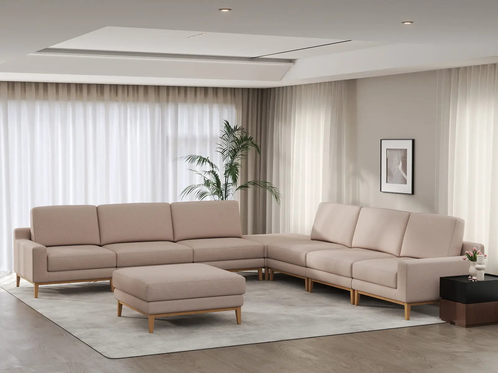 Deluxe Cloud 6-Seater Khaki Sofa Set | 8-Piece (Includes 2 Ottomans), Linen Look Poly Fabric, Washable Cushion Covers