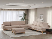 Deluxe Cloud 6-Seater Khaki Sofa Set | 8-Piece (Includes 2 Ottomans), Linen Look Poly Fabric, Washable Cushion Covers