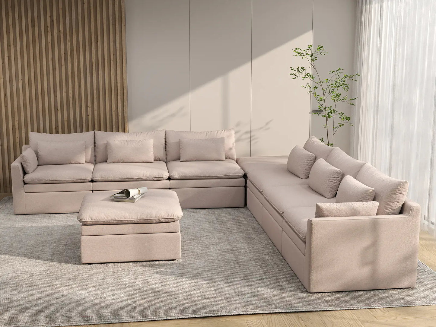 Deluxe Cloud 6-Seater Khaki Sofa Set | 8-Piece (Includes 2 Ottomans), Linen Look Poly Fabric, Washable Cushion Covers