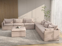Deluxe Cloud 6-Seater Khaki Sofa Set | 8-Piece (Includes 2 Ottomans), Linen Look Poly Fabric, Washable Cushion Covers