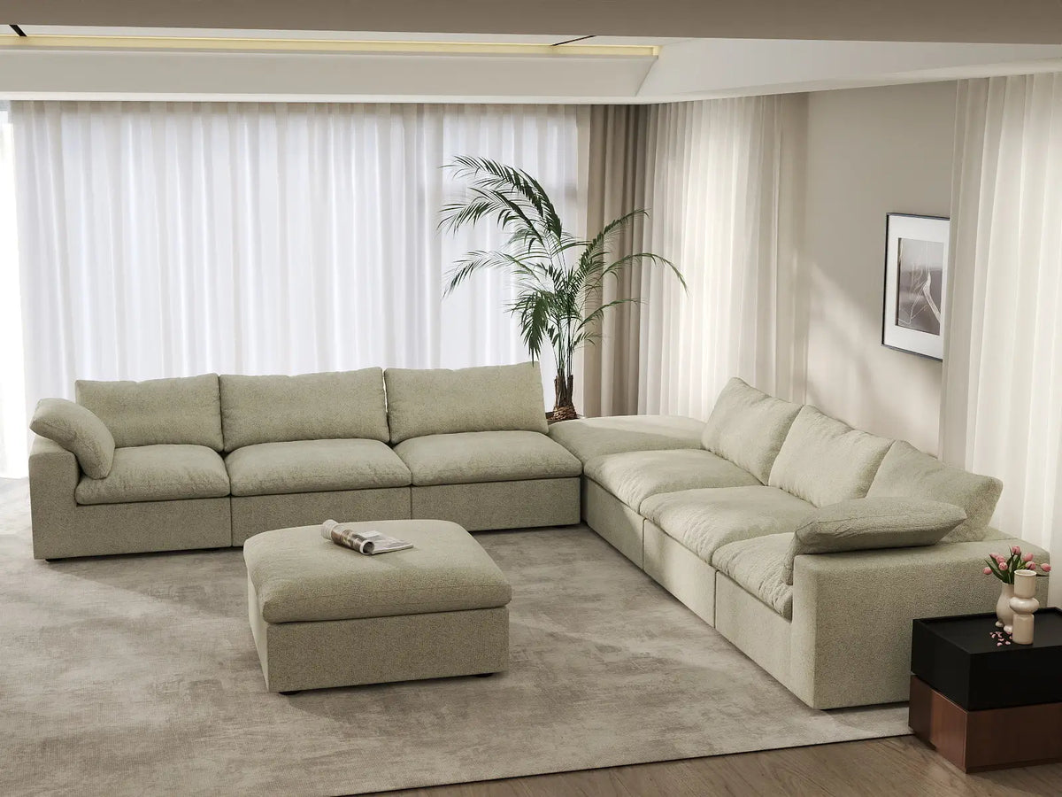 Deluxe Premium Cloud Sectional Sofa Covers | Khaki Cotton and Linen Sofa Cover for 6-Seater with 2-Ottomans