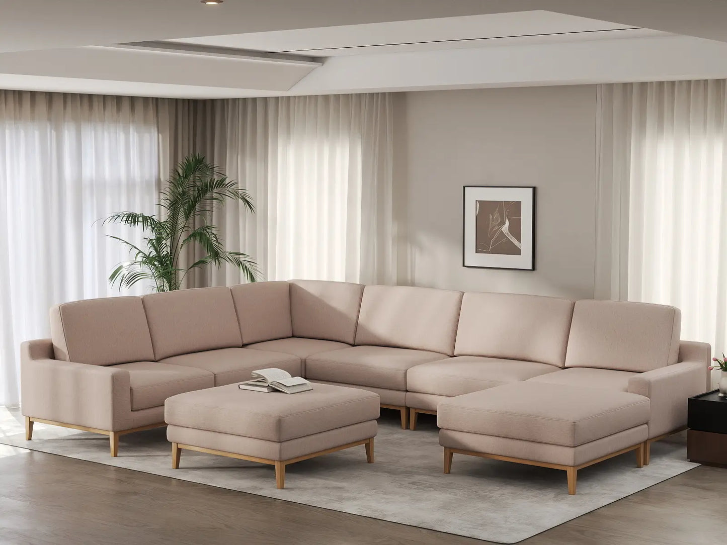Deluxe Cloud 6-Seater Khaki Sofa Set | 8-Piece (Includes 2 Ottomans), Linen Look Poly Fabric, Washable Cushion Covers