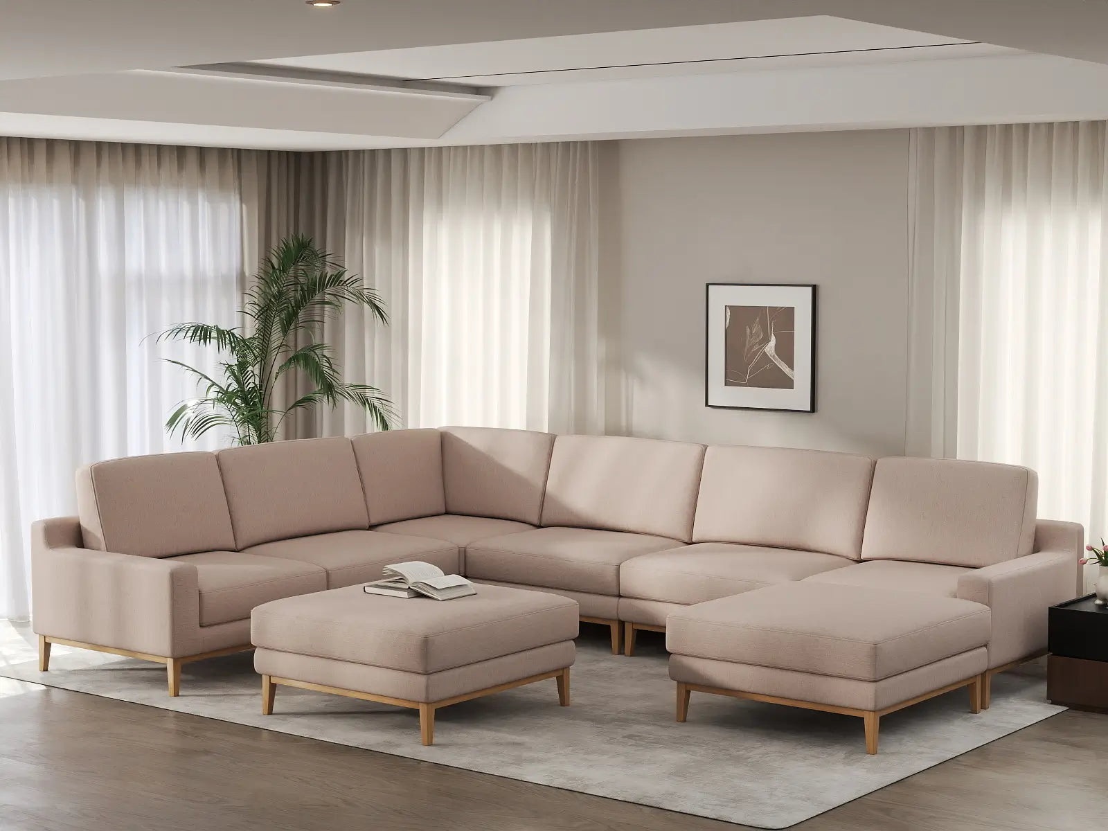 Deluxe Cloud 6-Seater Khaki Sofa Set | 8-Piece (Includes 2 Ottomans), Linen Look Poly Fabric, Washable Cushion Covers