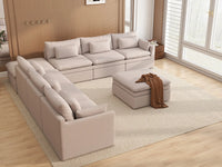 Deluxe Cloud 6-Seater Khaki Sofa Set | 8-Piece (Includes 2 Ottomans), Linen Look Poly Fabric, Washable Cushion Covers