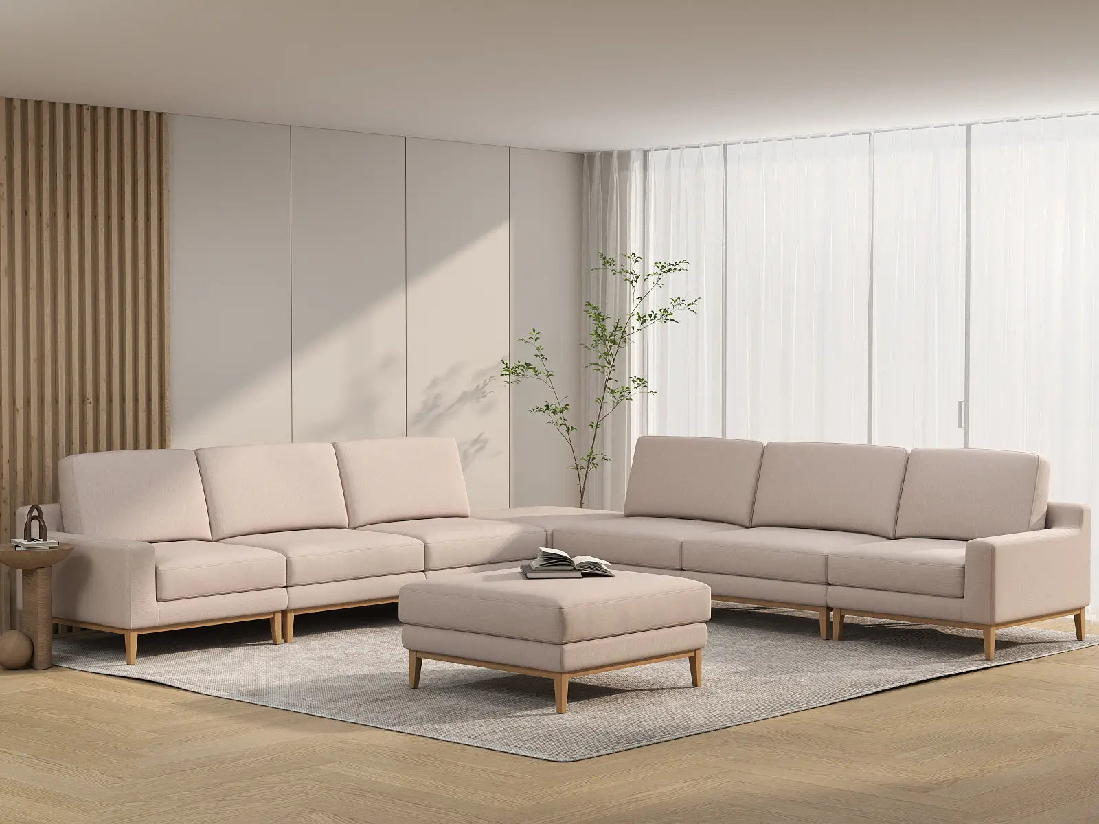 Deluxe Cloud 6-Seater Khaki Sofa Set | 8-Piece (Includes 2 Ottomans), Linen Look Poly Fabric, Washable Cushion Covers