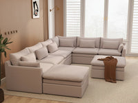 Deluxe Cloud 6-Seater Khaki Sofa Set | 8-Piece (Includes 2 Ottomans), Linen Look Poly Fabric, Washable Cushion Covers