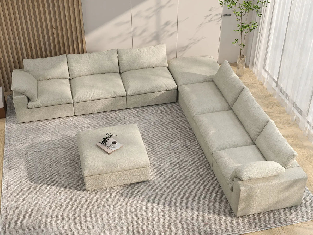 Deluxe Premium Cloud Sectional Sofa Covers | Khaki Cotton and Linen Sofa Cover for 6-Seater with 2-Ottomans