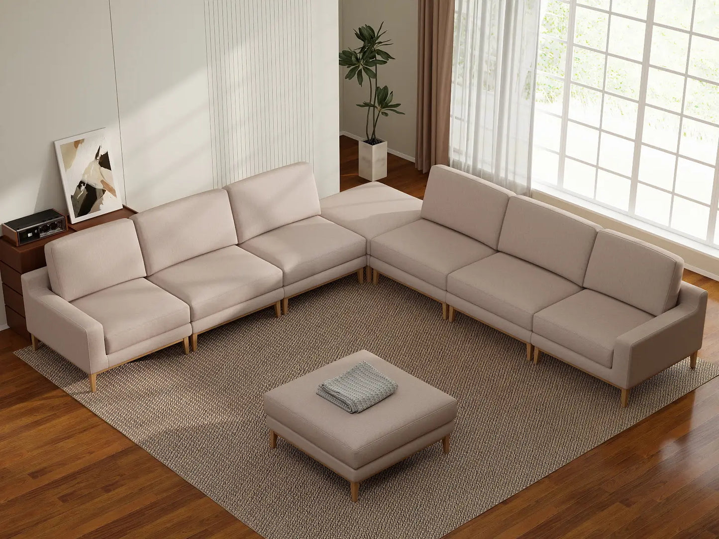 Deluxe Cloud 6-Seater Khaki Sofa Set | 8-Piece (Includes 2 Ottomans), Linen Look Poly Fabric, Washable Cushion Covers