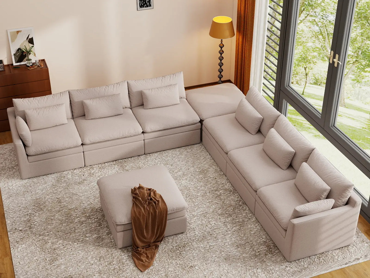 Deluxe Cloud 6-Seater Khaki Sofa Set | 8-Piece (Includes 2 Ottomans), Linen Look Poly Fabric, Washable Cushion Covers