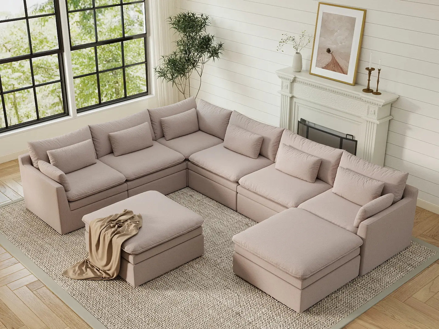 Deluxe Cloud 6-Seater Khaki Sofa Set | 8-Piece (Includes 2 Ottomans), Linen Look Poly Fabric, Washable Cushion Covers