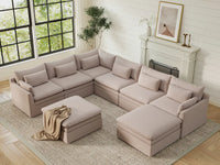 Deluxe Cloud 6-Seater Khaki Sofa Set | 8-Piece (Includes 2 Ottomans), Linen Look Poly Fabric, Washable Cushion Covers
