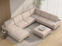 Deluxe Cloud 6-Seater Khaki Sofa Set | 8-Piece (Includes 2 Ottomans), Linen Look Poly Fabric, Washable Cushion Covers