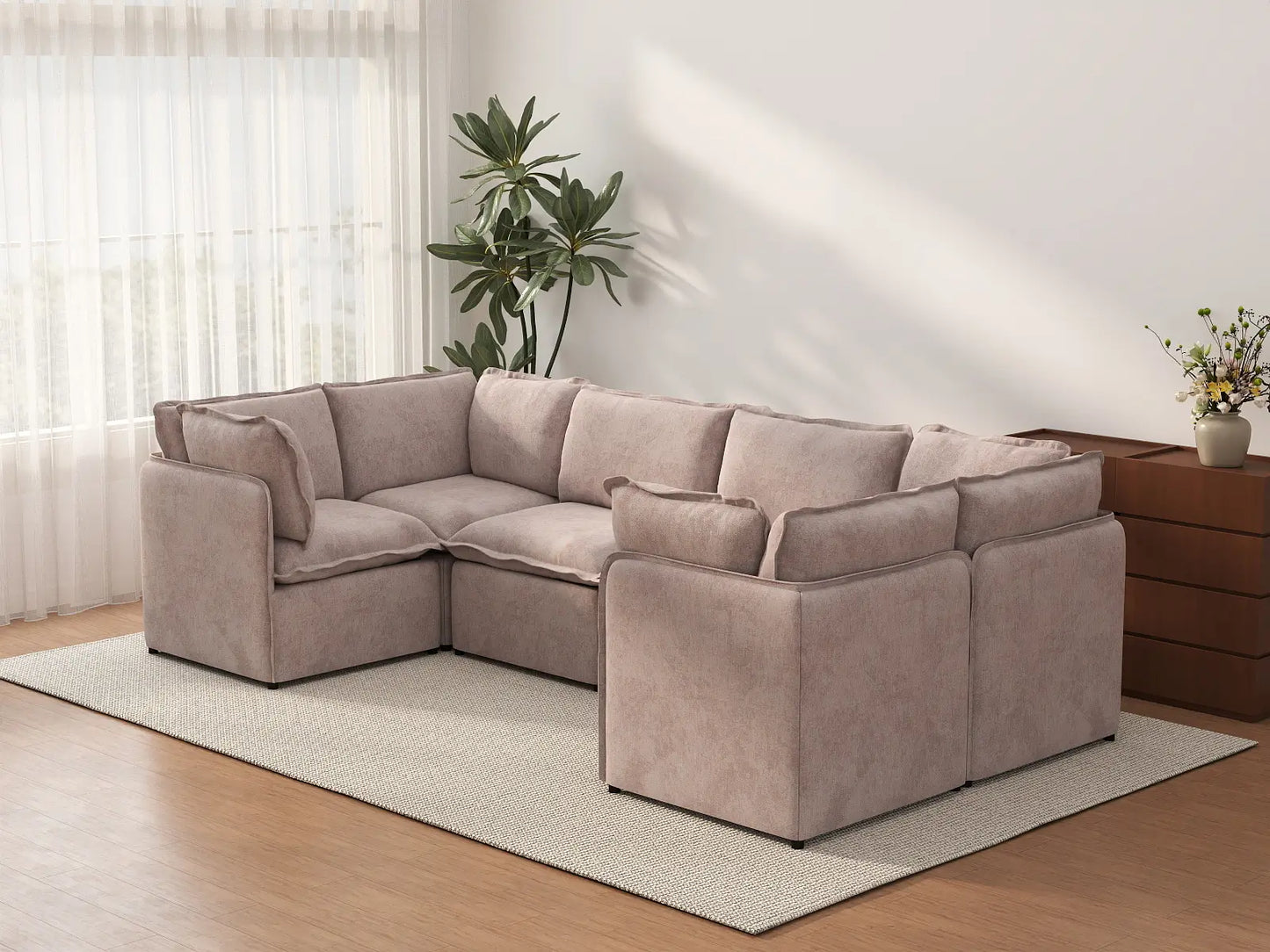 Deluxe Cloud 6-Seater Khaki U-Shaped Sectional | 6-Piece, Linen Look Poly Fabric, Washable Cushion Covers