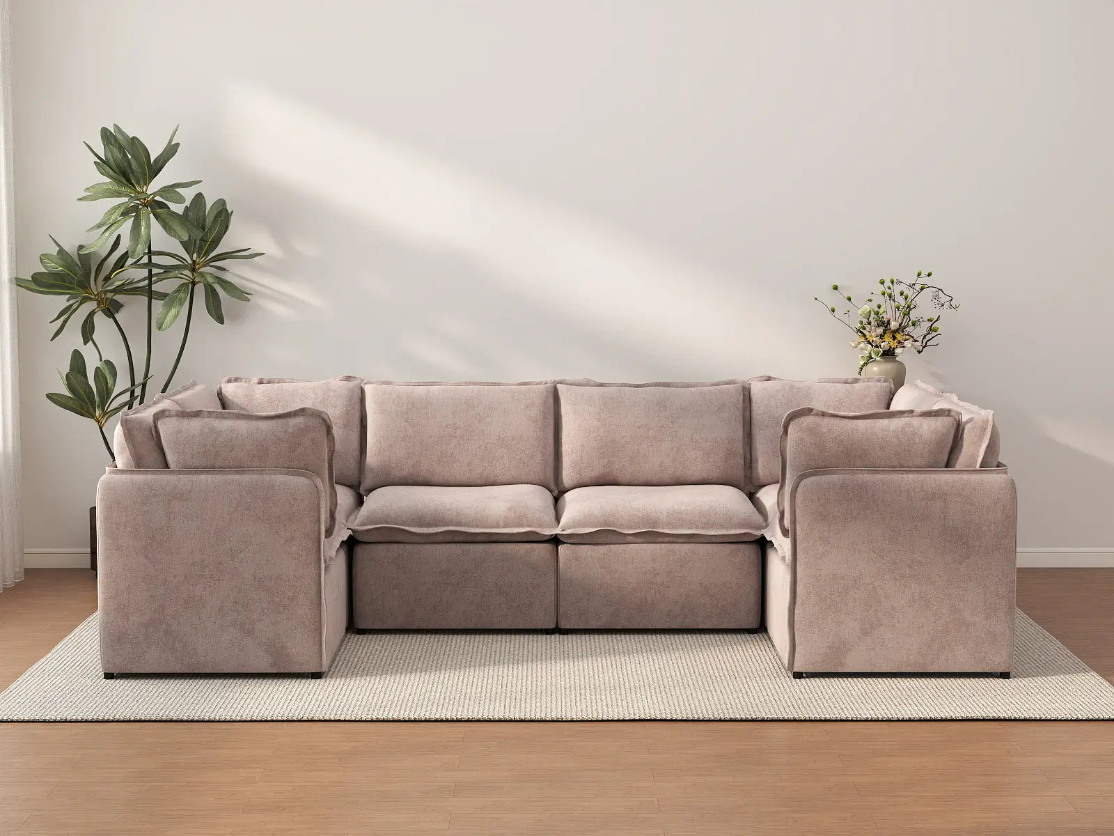 Deluxe Cloud 6-Seater Khaki U-Shaped Sectional | 6-Piece, Linen Look Poly Fabric, Washable Cushion Covers