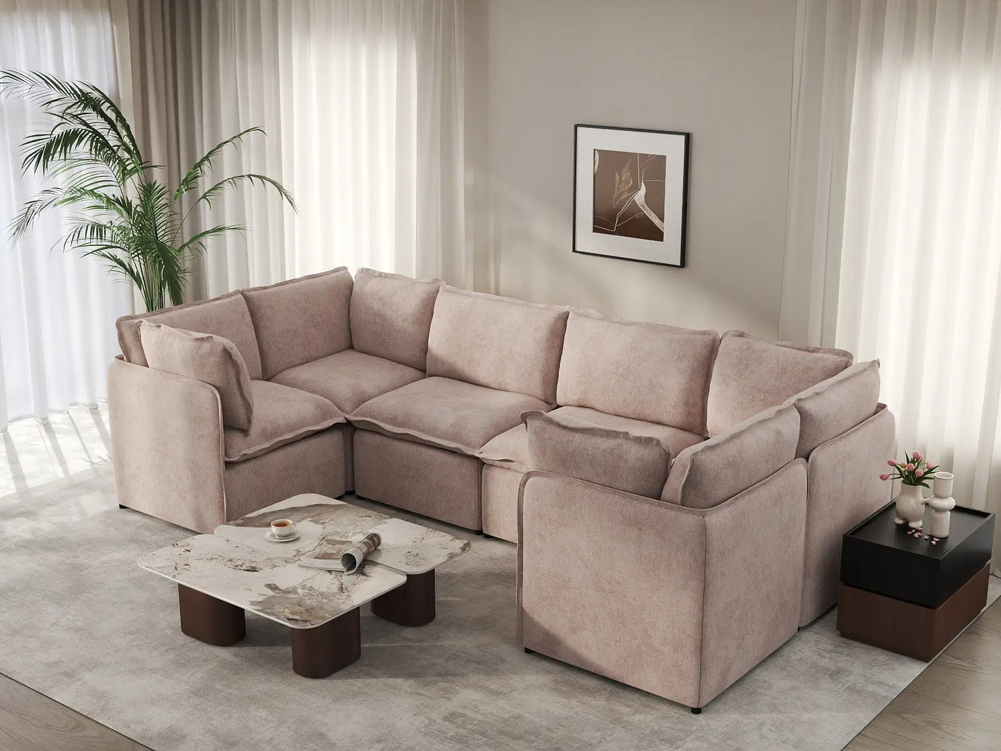 Deluxe Cloud 6-Seater Khaki U-Shaped Sectional | 6-Piece, Linen Look Poly Fabric, Washable Cushion Covers