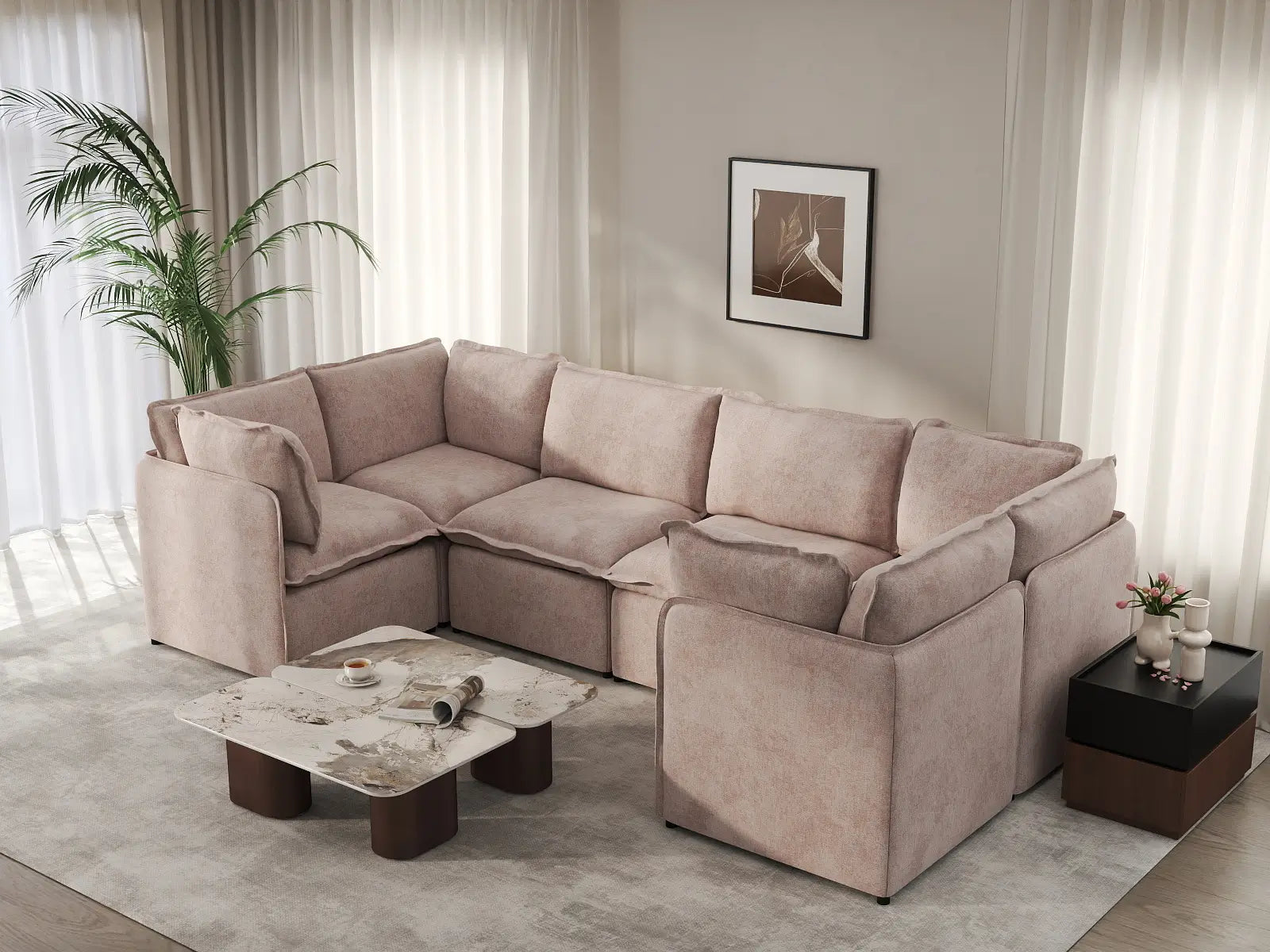 Deluxe Cloud 6-Seater Khaki U-Shaped Sectional | 6-Piece, Linen Look Poly Fabric, Washable Cushion Covers