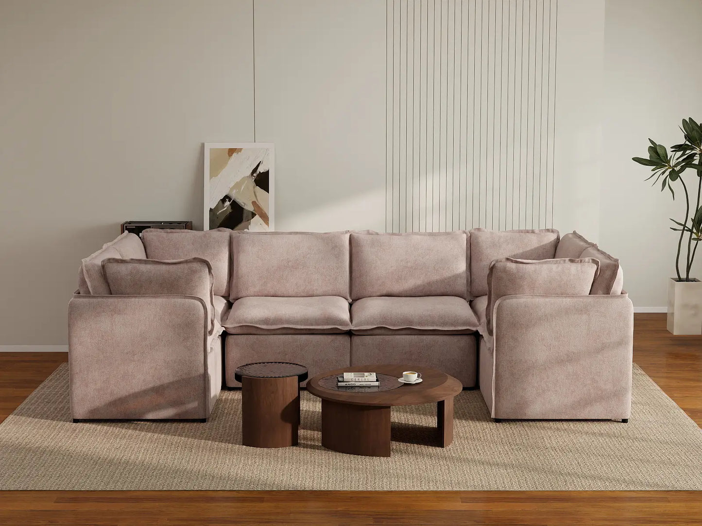 Deluxe Cloud 6-Seater Khaki U-Shaped Sectional | 6-Piece, Linen Look Poly Fabric, Washable Cushion Covers