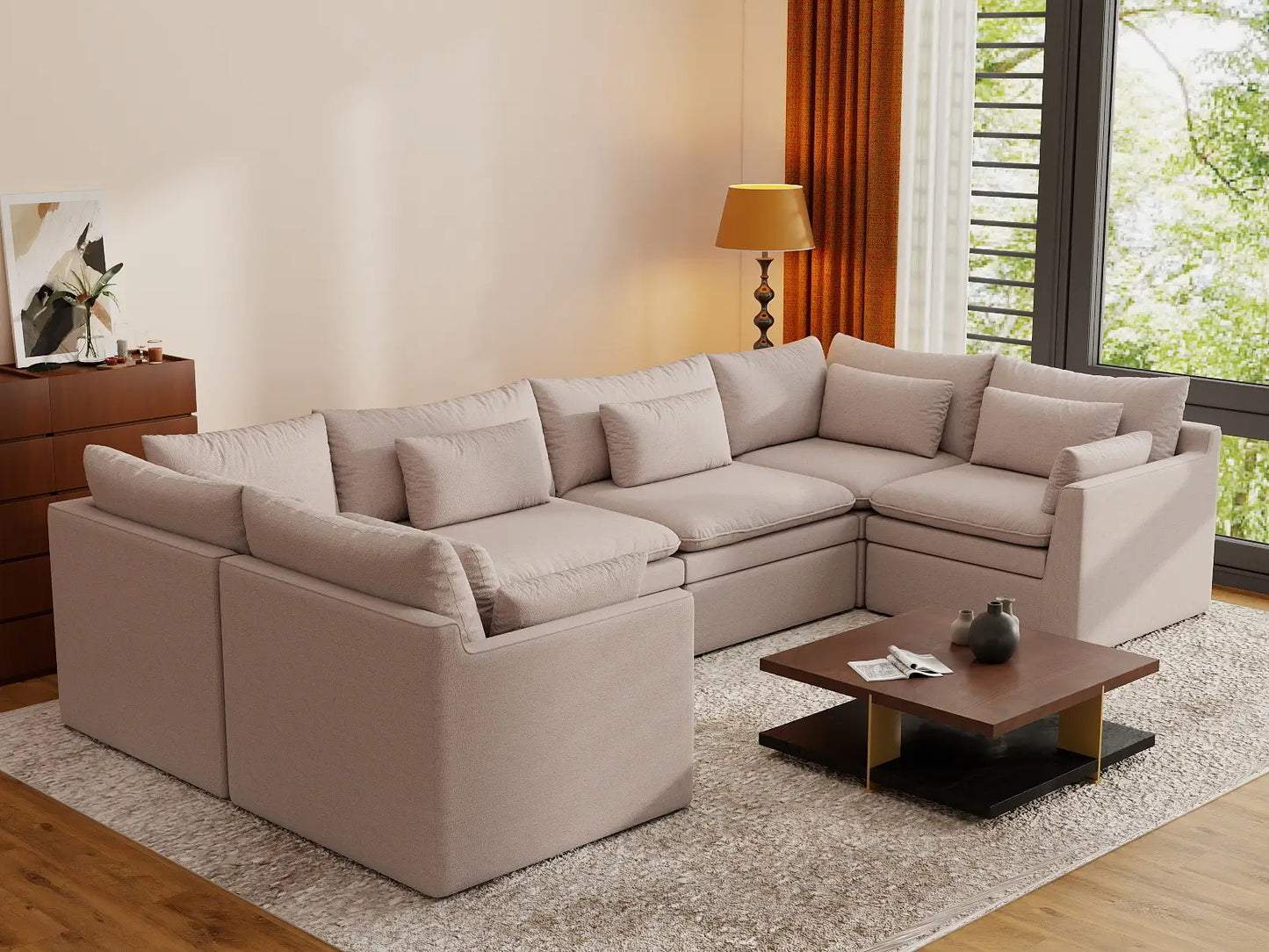 Deluxe Cloud 6-Seater Khaki U-Shaped Sectional | 6-Piece, Linen Look Poly Fabric, Washable Cushion Covers
