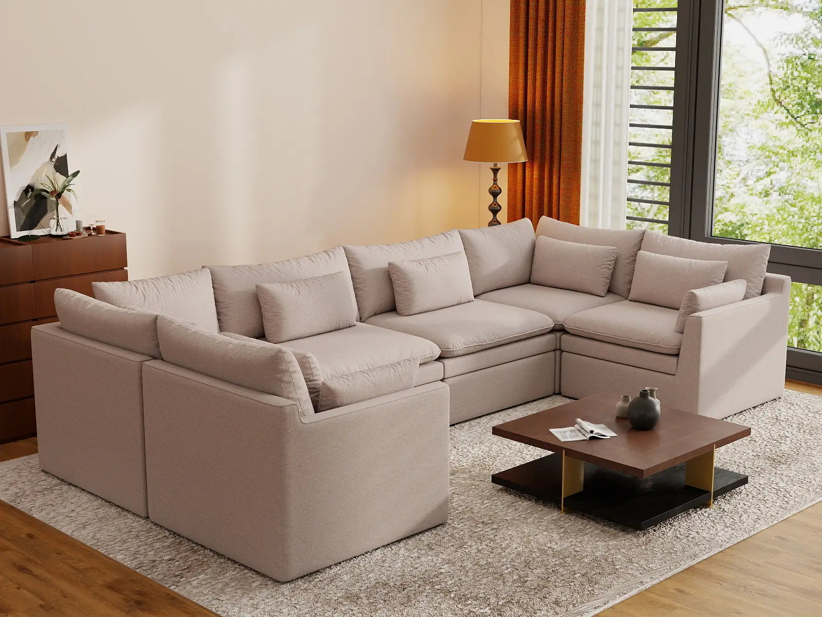 Deluxe Cloud 6-Seater Khaki U-Shaped Sectional | 6-Piece, Linen Look Poly Fabric, Washable Cushion Covers