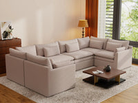 Deluxe Cloud 6-Seater Khaki U-Shaped Sectional | 6-Piece, Linen Look Poly Fabric, Washable Cushion Covers