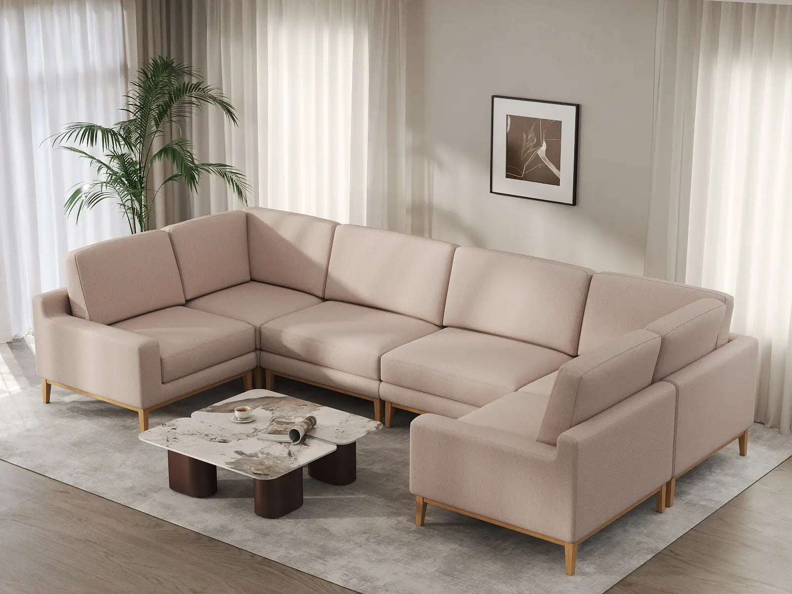 Deluxe Cloud 6-Seater Khaki U-Shaped Sectional | 6-Piece, Linen Look Poly Fabric, Washable Cushion Covers