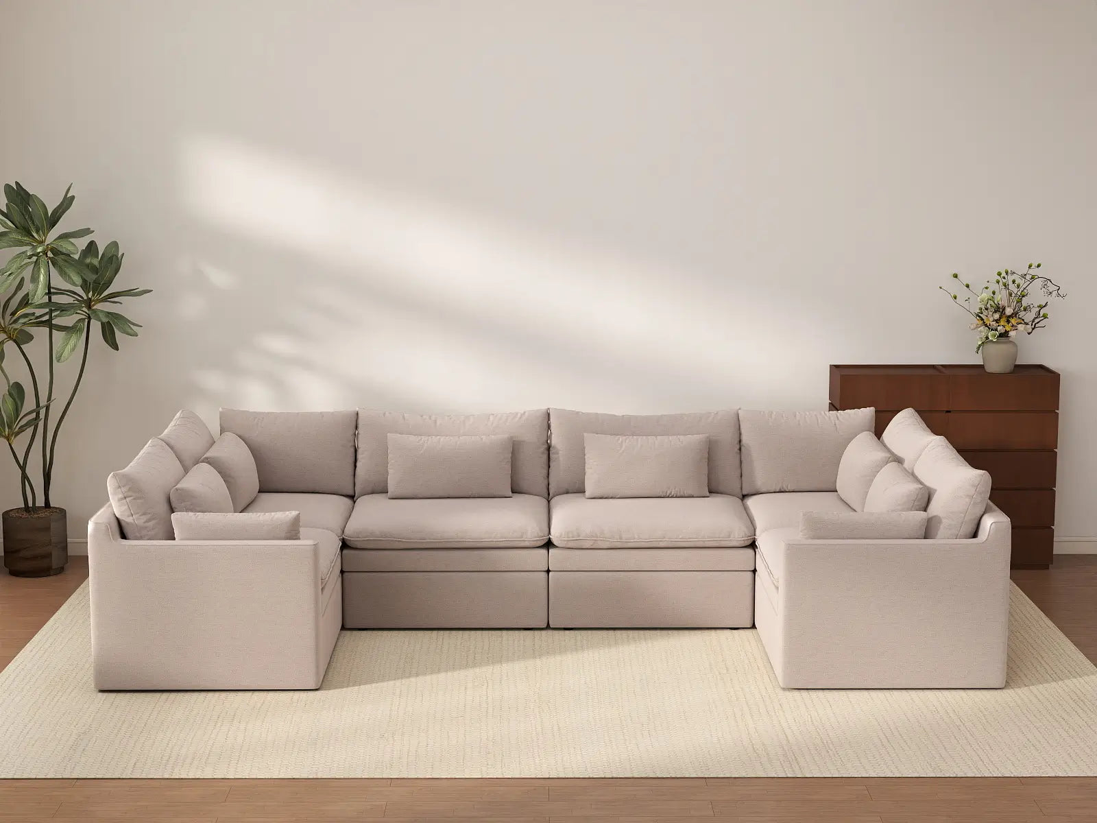 Deluxe Cloud 6-Seater Khaki U-Shaped Sectional | 6-Piece, Linen Look Poly Fabric, Washable Cushion Covers