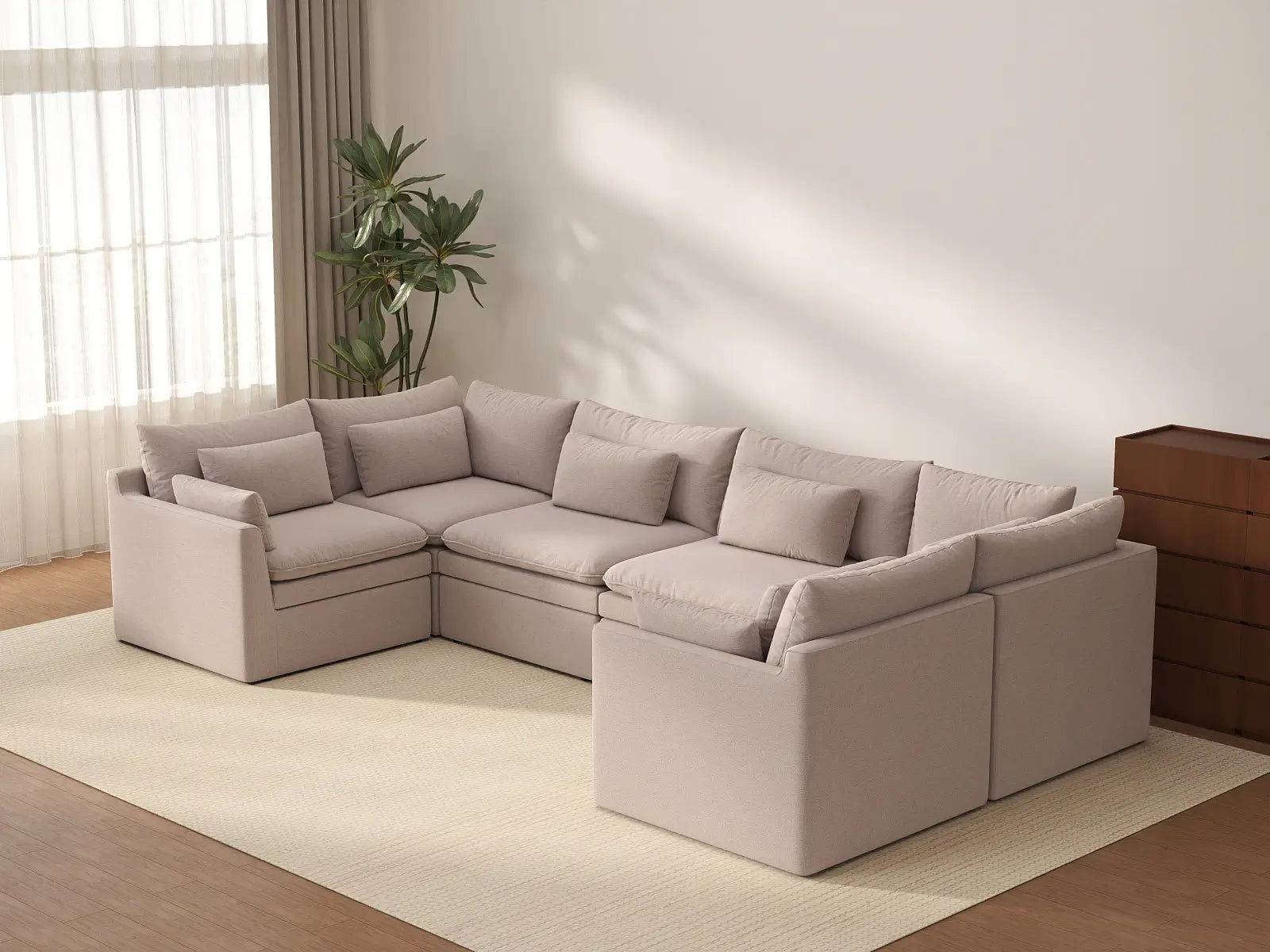 Deluxe Cloud 6-Seater Khaki U-Shaped Sectional | 6-Piece, Linen Look Poly Fabric, Washable Cushion Covers