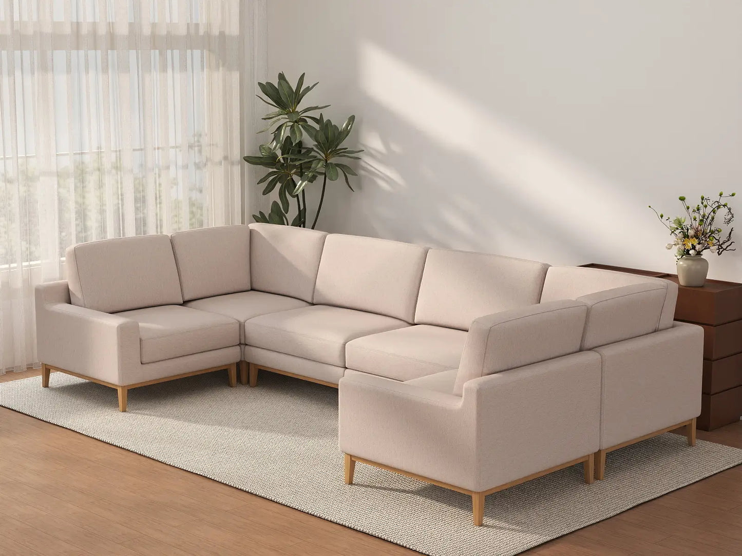 Deluxe Cloud 6-Seater Khaki U-Shaped Sectional | 6-Piece, Linen Look Poly Fabric, Washable Cushion Covers