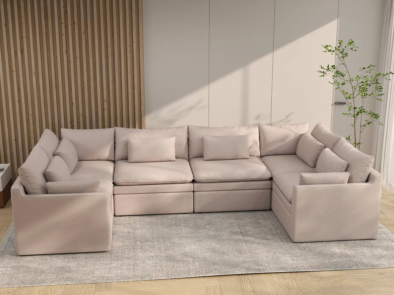 Deluxe Cloud 6-Seater Khaki U-Shaped Sectional | 6-Piece, Linen Look Poly Fabric, Washable Cushion Covers