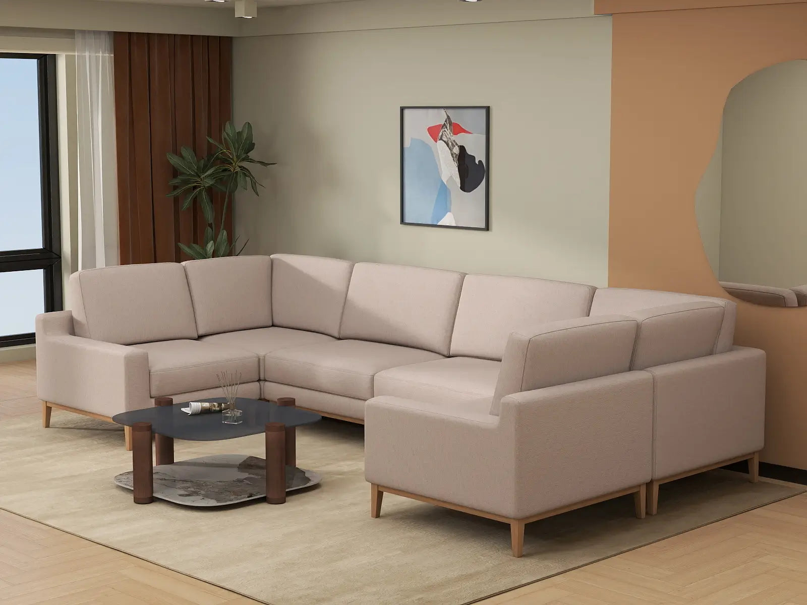 Deluxe Cloud 6-Seater Khaki U-Shaped Sectional | 6-Piece, Linen Look Poly Fabric, Washable Cushion Covers