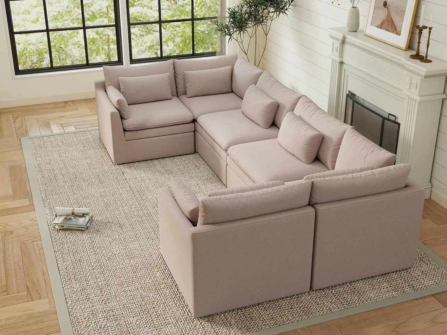 Deluxe Cloud 6-Seater Khaki U-Shaped Sectional | 6-Piece, Linen Look Poly Fabric, Washable Cushion Covers