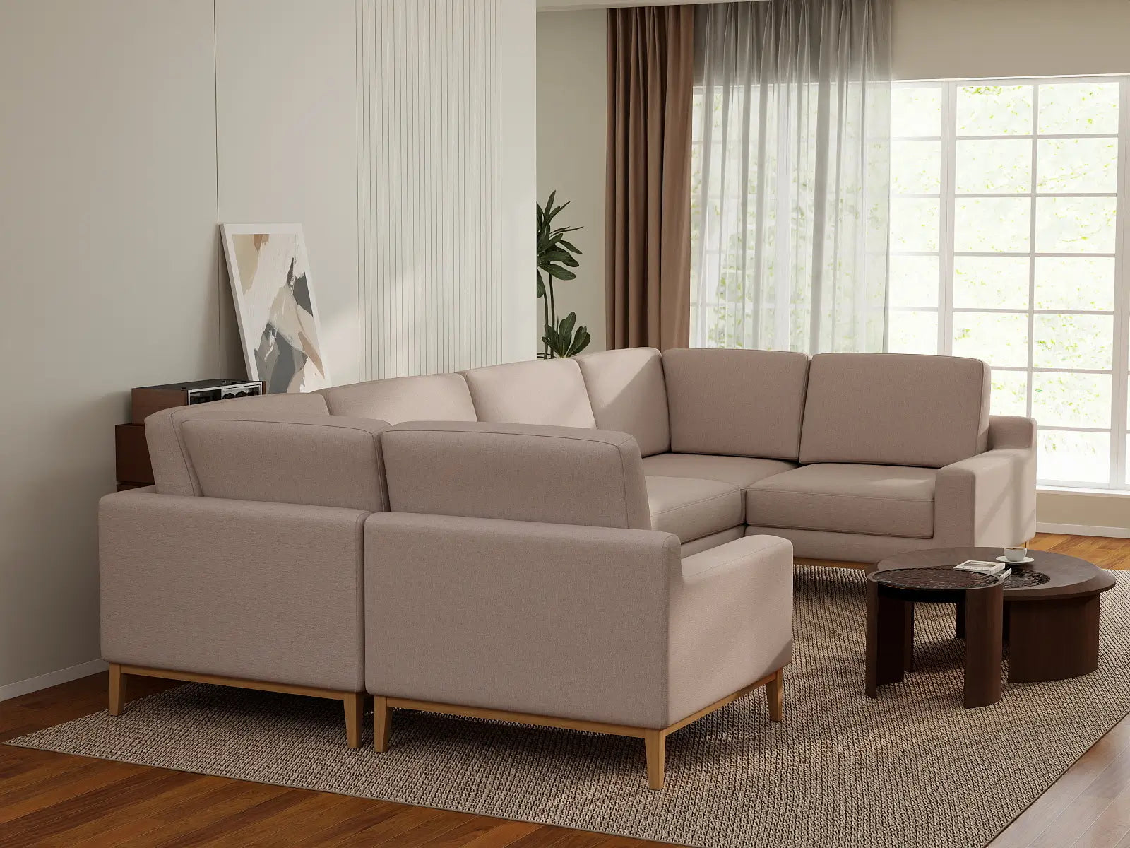 Deluxe Cloud 6-Seater Khaki U-Shaped Sectional | 6-Piece, Linen Look Poly Fabric, Washable Cushion Covers