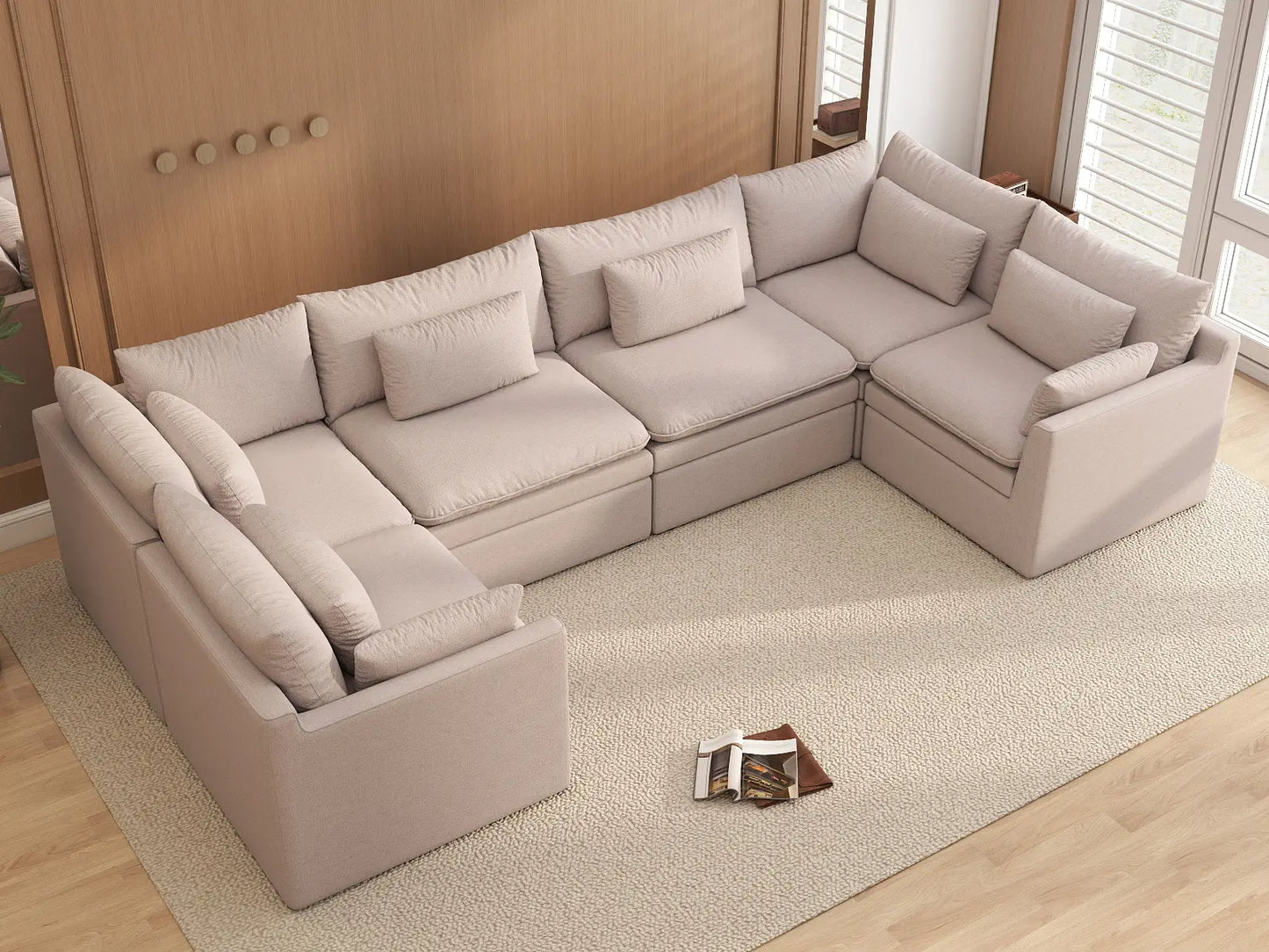 Deluxe Cloud 6-Seater Khaki U-Shaped Sectional | 6-Piece, Linen Look Poly Fabric, Washable Cushion Covers