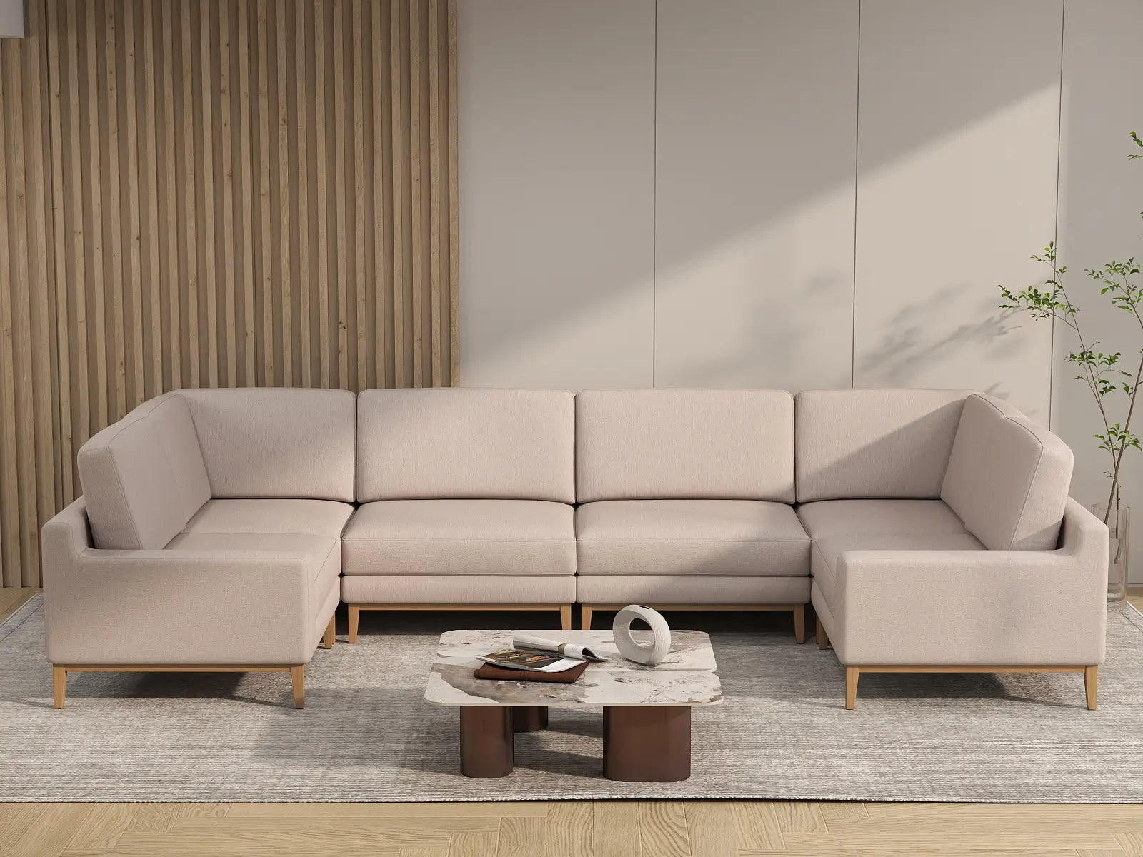 Deluxe Cloud 6-Seater Khaki U-Shaped Sectional | 6-Piece, Linen Look Poly Fabric, Washable Cushion Covers