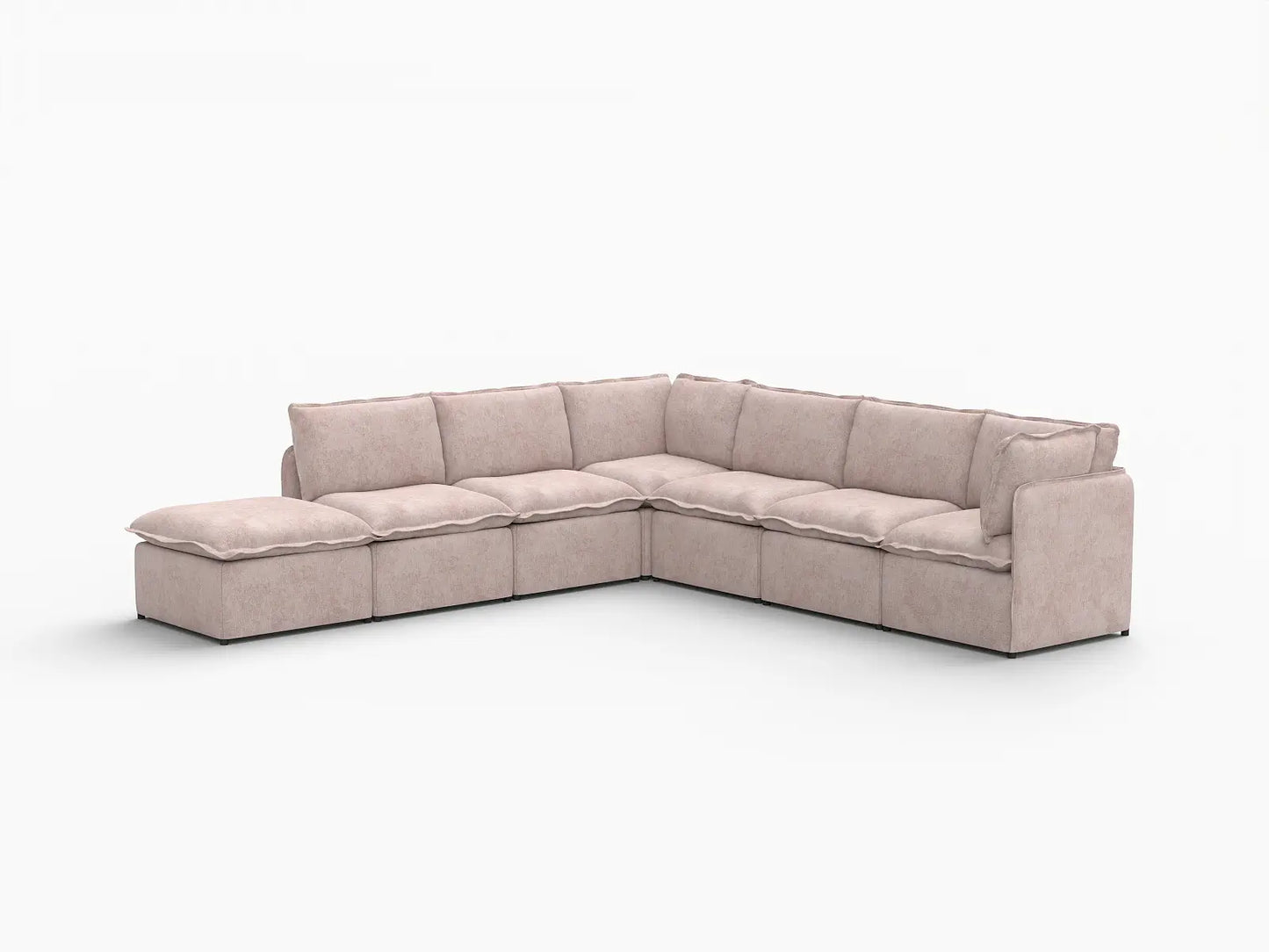 Deluxe Cloud 6-Seater Khaki V-Shaped Sectional | 7-Piece (Includes 1 Ottoman), Linen Look Poly Fabric, Washable Cushion Covers