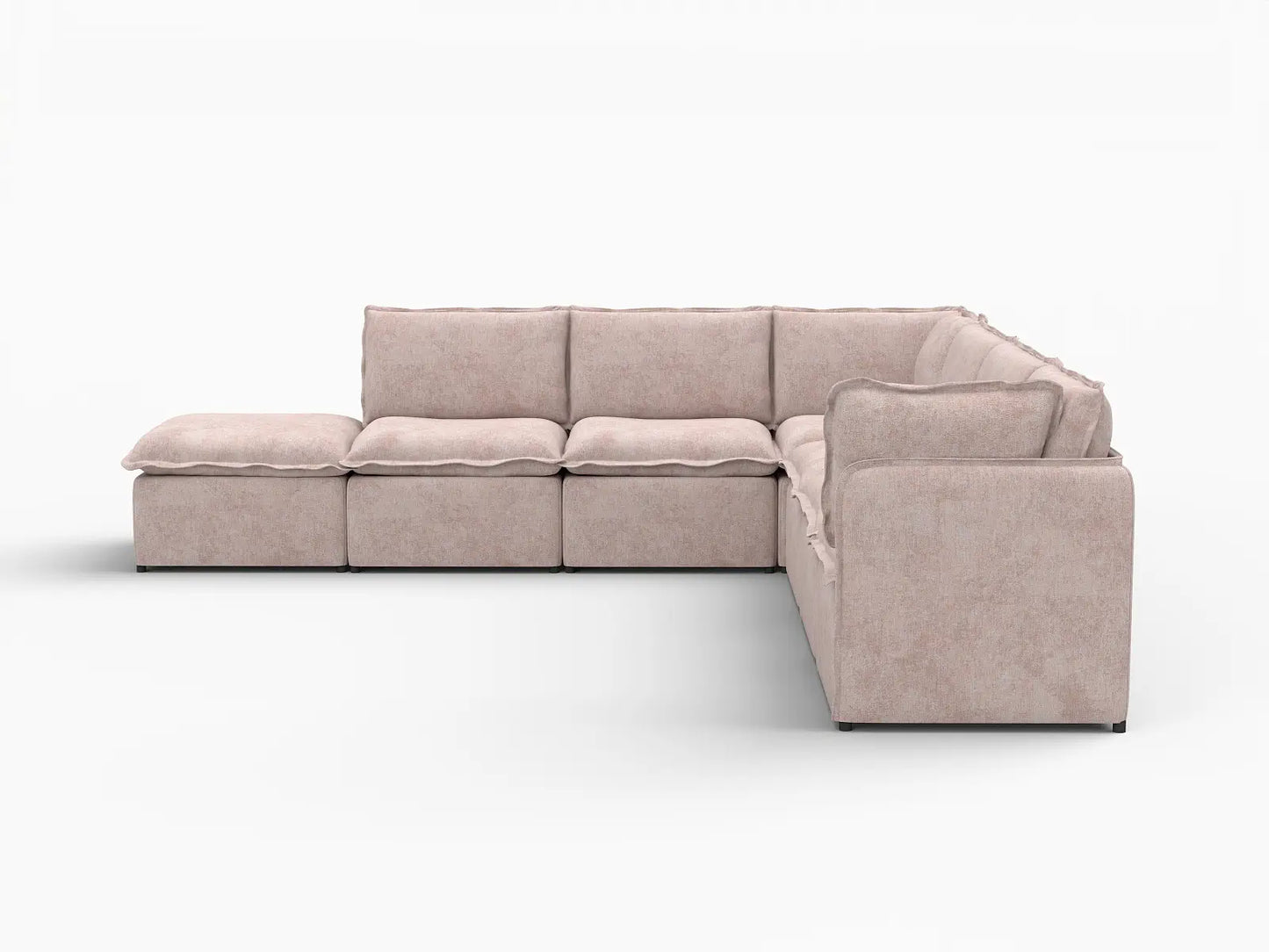 Deluxe Cloud 6-Seater Khaki V-Shaped Sectional | 7-Piece (Includes 1 Ottoman), Linen Look Poly Fabric, Washable Cushion Covers