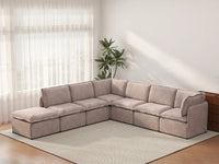 Deluxe Cloud 6-Seater Khaki V-Shaped Sectional | 7-Piece (Includes 1 Ottoman), Linen Look Poly Fabric, Washable Cushion Covers