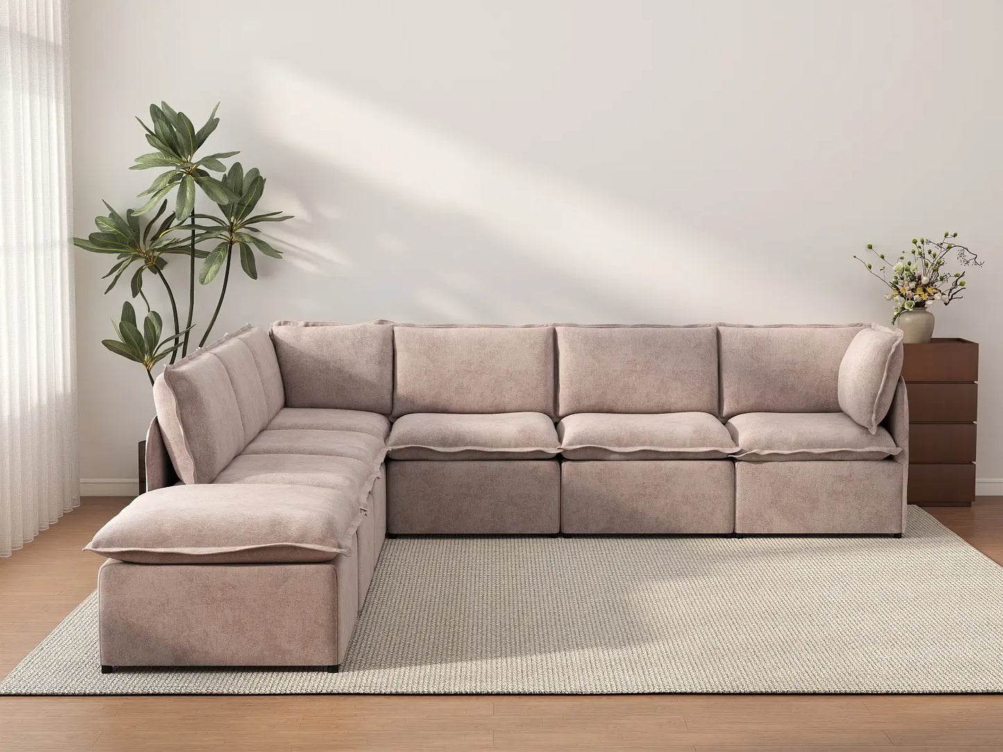 Deluxe Cloud 6-Seater Khaki V-Shaped Sectional | 7-Piece (Includes 1 Ottoman), Linen Look Poly Fabric, Washable Cushion Covers