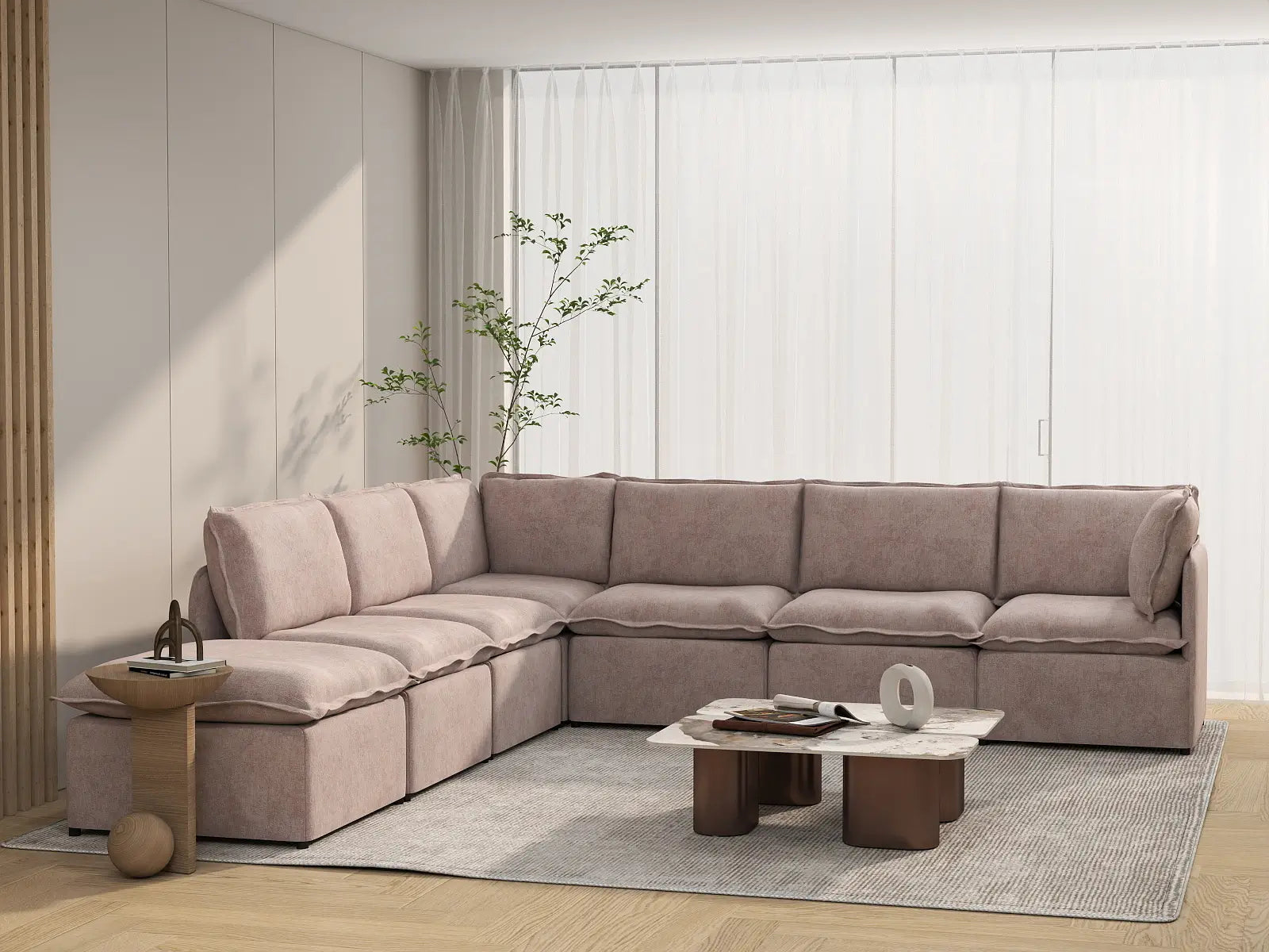 Deluxe Cloud 6-Seater Khaki V-Shaped Sectional | 7-Piece (Includes 1 Ottoman), Linen Look Poly Fabric, Washable Cushion Covers