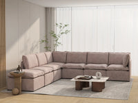 Deluxe Cloud 6-Seater Khaki V-Shaped Sectional | 7-Piece (Includes 1 Ottoman), Linen Look Poly Fabric, Washable Cushion Covers