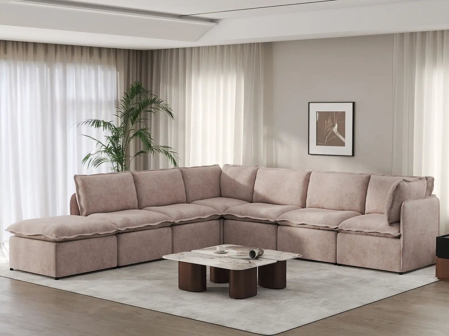 Deluxe Cloud 6-Seater Khaki V-Shaped Sectional | 7-Piece (Includes 1 Ottoman), Linen Look Poly Fabric, Washable Cushion Covers