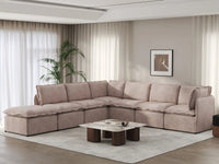 Deluxe Cloud 6-Seater Khaki V-Shaped Sectional | 7-Piece (Includes 1 Ottoman), Linen Look Poly Fabric, Washable Cushion Covers