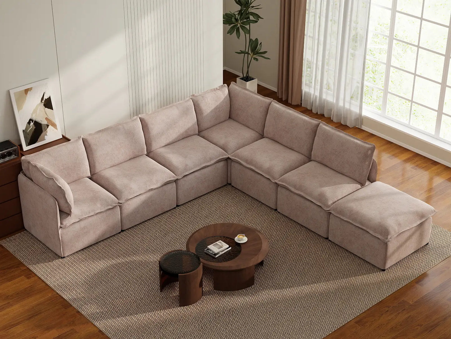 Deluxe Cloud 6-Seater Khaki V-Shaped Sectional | 7-Piece (Includes 1 Ottoman), Linen Look Poly Fabric, Washable Cushion Covers