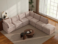 Deluxe Cloud 6-Seater Khaki V-Shaped Sectional | 7-Piece (Includes 1 Ottoman), Linen Look Poly Fabric, Washable Cushion Covers
