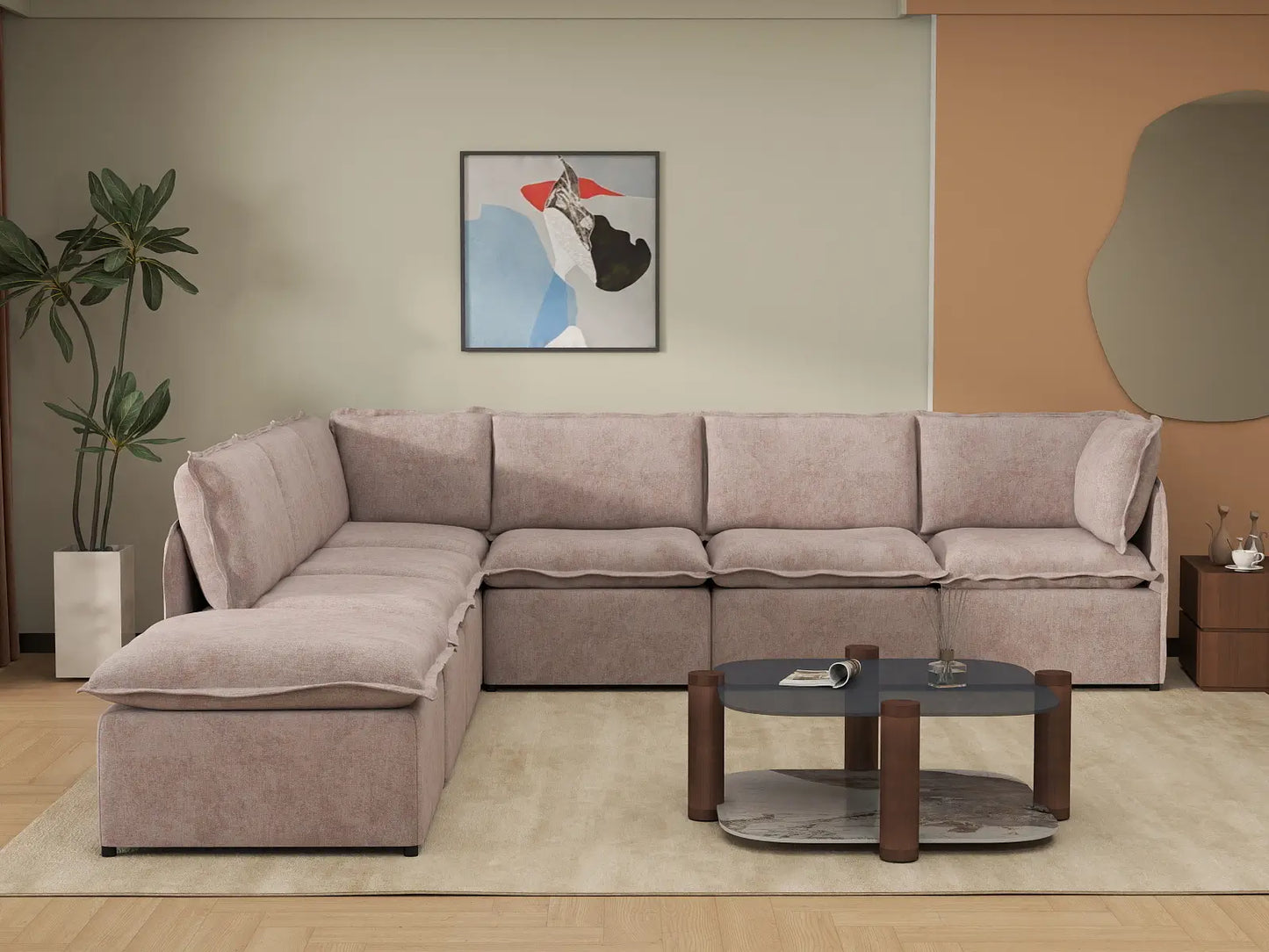 Deluxe Cloud 6-Seater Khaki V-Shaped Sectional | 7-Piece (Includes 1 Ottoman), Linen Look Poly Fabric, Washable Cushion Covers