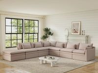 Deluxe Cloud 6-Seater Khaki V-Shaped Sectional | 7-Piece (Includes 1 Ottoman), Linen Look Poly Fabric, Washable Cushion Covers