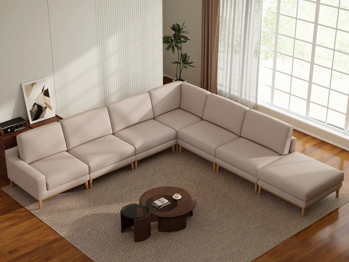 Deluxe Cloud 6-Seater Khaki V-Shaped Sectional | 7-Piece (Includes 1 Ottoman), Linen Look Poly Fabric, Washable Cushion Covers