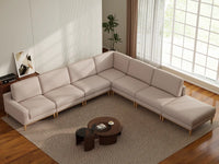 Deluxe Cloud 6-Seater Khaki V-Shaped Sectional | 7-Piece (Includes 1 Ottoman), Linen Look Poly Fabric, Washable Cushion Covers