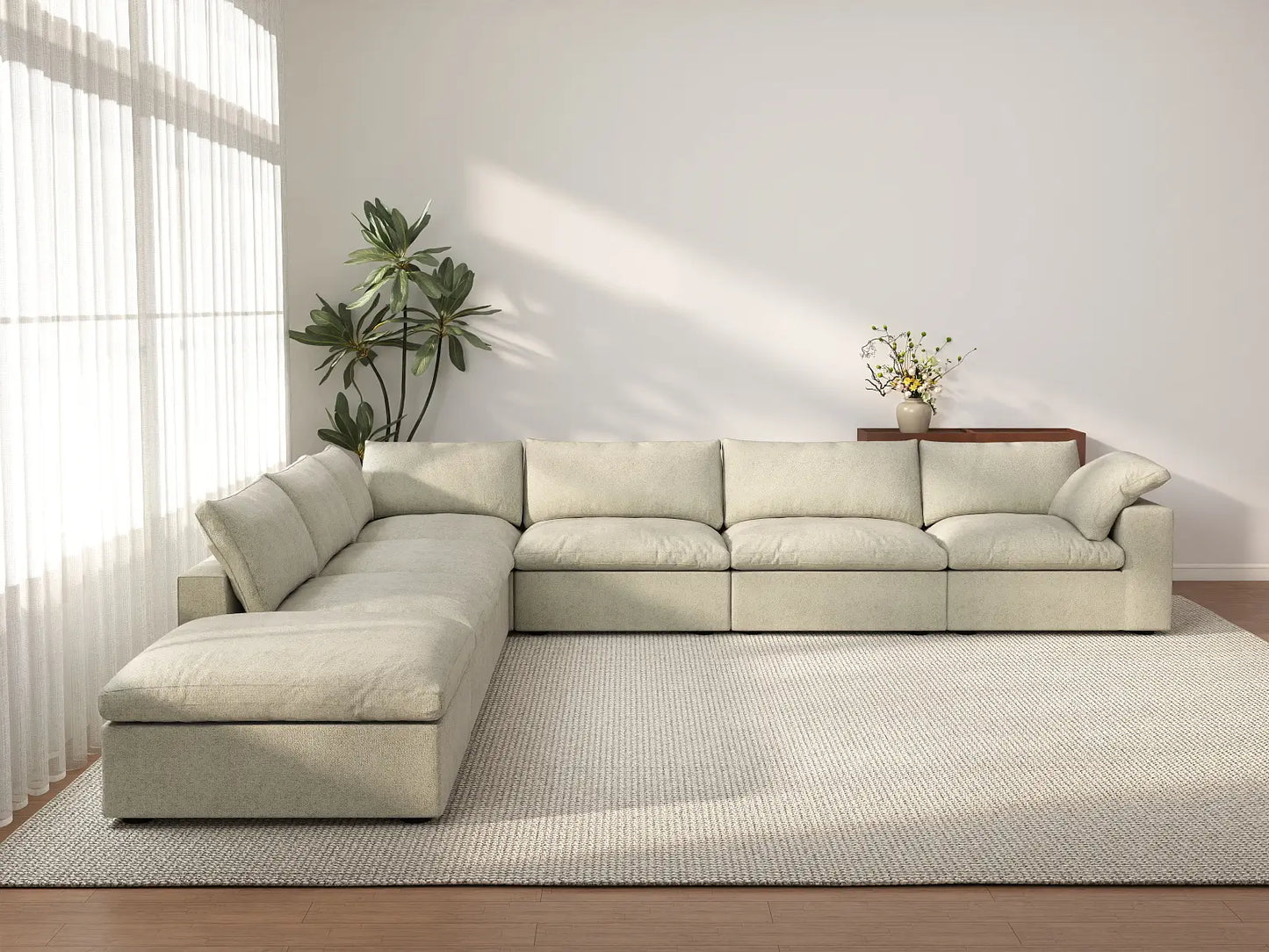 Deluxe Cloud 6-Seater Khaki V-Shaped Sectional | 7-Piece (Includes 1 Ottoman), Cotton And Linen Fabric, Living Room Seating, Washable Cushion Covers